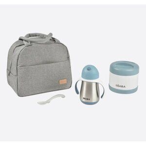 BEABA On-the-Go Mealtime Set Baby Travel Bag Thermo Cup Spoon Lunch Box 4pc New